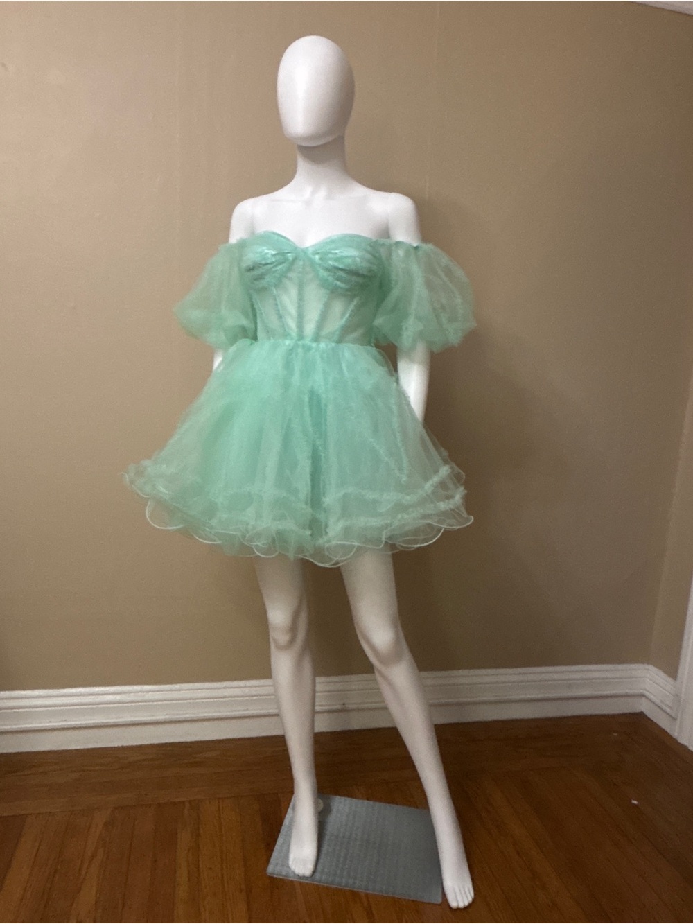 Fairy Fantasy Tulle Mesh Ruffle Selkie Teal Off Shoulder Babydoll Mini Dress
